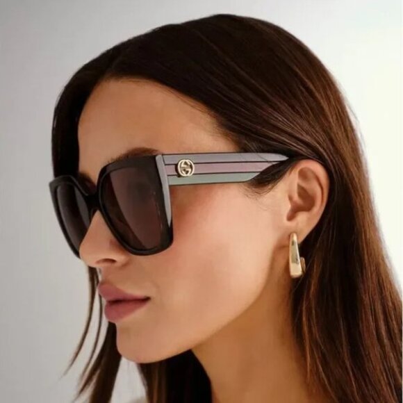 New Gucci Sunglasses GG1300S Havana Stripe Gold Logo with Cloth Case Pouch - Picture 1 of 12